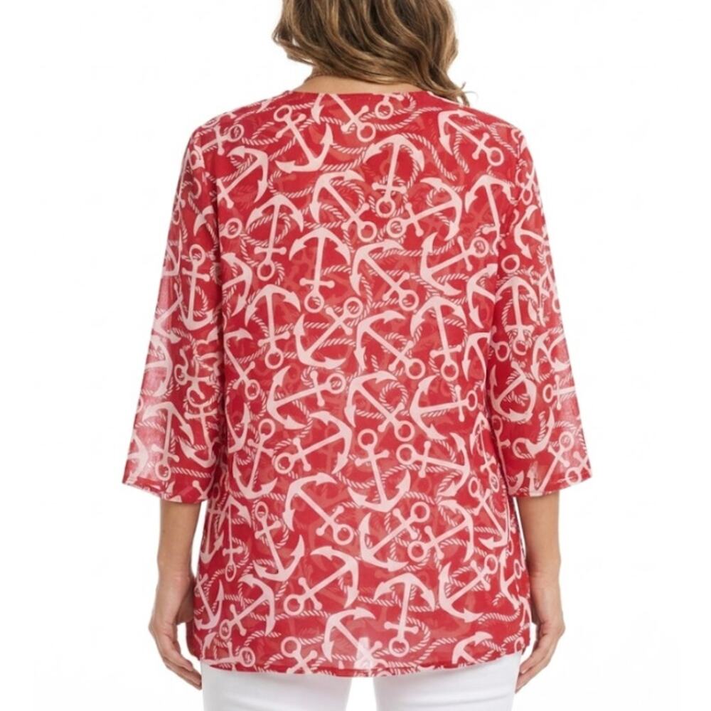 INDIGO SOUL Tunic Top V-Neck 3/4 Sleeve Cover-Up Anchor Print Red White Womens L - Picture 2 of 9